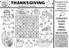 vector thanksgiving zwart-wit woordzoeker puzzel voor kinderen. eenvoudige lijn herfstkamp kruiswoordraadsel met traditionele symbolen. kleurzoekwoordactiviteit met kalkoen, pelgrim, pompoen, amerikaans.
