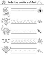 vector halloween handschrift praktijk werkblad. afdrukbare zwart-wit activiteit voor kleuters. educatief spel voor de ontwikkeling van schrijfvaardigheid met enge dieren