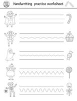 vector halloween handschrift praktijk werkblad. afdrukbare zwart-wit activiteit voor kleuters. educatief spel voor de ontwikkeling van schrijfvaardigheid met kinderen en trick or treat-snoepjes