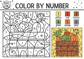 vector herfstkleur op nummer activiteit met oogst in houten kist. herfst, thanksgiving day of tuin kleur- en telspel met groenten. grappige kleurpagina voor kinderen.