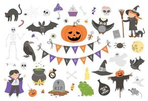 grote reeks halloween vectorelementen. traditionele samhain partij clipart. enge collectie met jack-o-lantern, spin, geest, schedel, vleermuizen, heks, vampier. herfstvakantie vlakke stijl ontwerppakket vector