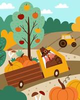 herfstlandschapsscène met velden, oogst, natuur, kalkoen rijdende vrachtwagen. komische Thanksgiving-kaart met schattige vogel, pompoenen. vector verticaal afdruksjabloonontwerp voor ansichtkaarten, uitnodigingen