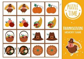 vector Thanksgiving-geheugenspelkaarten met schattige traditionele vakantiesymbolen. herfst matching activiteit. onthoud en vind de juiste kaart. eenvoudig afdrukbaar werkblad voor kinderen met kalkoen