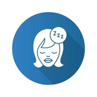 slapende vrouw platte ontwerp lange schaduw glyph pictogram. vrouwengezicht met gesloten ogen en zzz-symbool. vector silhouet illustratie