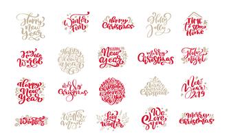 Reeks Vrolijke uitstekende kalligrafie die van Kerstmis van letters voorzien vectortekstuitdrukkingen met elementen van het de wintertekening de Skandinavische ontwerp. Voor kunstontwerp, mockup-brochure, flyer voor boekjes, poster vector
