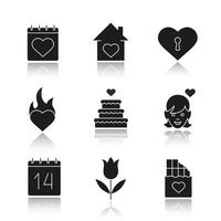 Valentijnsdag slagschaduw zwarte pictogrammen instellen. 14 februari kalender, huis, hart met sleutelgat, passie, bruidstaart, verliefd meisje, tupil, chocoladereep. geïsoleerde vectorillustraties vector