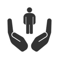 open handpalmen met menselijk glyph-pictogram. silhouet symbool. zorgen voor mensen. negatieve ruimte. vector geïsoleerde illustratie