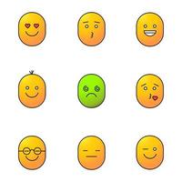 glimlacht gekleurde pictogrammen instellen. emoticons. goed en slecht humeur. verliefd, zoenen, lachen, duizelig, slim, serieus, knipogende gezichten. geïsoleerde vectorillustraties vector