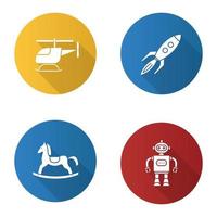 kinderspeelgoed platte ontwerp lange schaduw glyph pictogrammen instellen. helikopter, robot, hobbelpaard, raket. vector silhouet illustratie