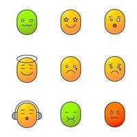 smileys gekleurde pictogrammen instellen. goed en slecht humeur. verward, opgewonden, tranen, braken, boos, geschokt, luisteren naar muziek-emoticons. geïsoleerde vectorillustraties vector