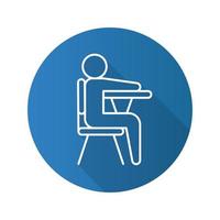 leerling platte lineaire lange schaduw pictogram. schoolstudent zit aan bureau. vector overzichtssymbool