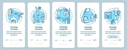 oncologie onboarding mobiele app paginascherm met concepten. kankersymptomen en prognose. ziekte behandeling walkthrough vijf stappen grafische instructies. ui-vectorsjabloon met rgb-kleurenillustraties vector