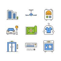 appartement voorzieningen gekleurde pictogrammen instellen. gebouw met meerdere verdiepingen, stomerij, parkeerplaats. airconditioning, centrale verwarming, lift, vloerbedekking, afwassen. geïsoleerde vectorillustraties vector