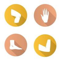 lichaamsdelen plat ontwerp lange schaduw glyph pictogrammen instellen. knie, hand, voet, ellebooggewricht. vector silhouet illustratie