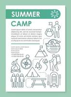 boswandeling kamp, vakantie, vakantie brochure sjabloon lay-out. flyer, boekje, folder printontwerp met lineaire illustraties. vectorpaginalay-outs voor tijdschriften, jaarverslagen, reclameposters vector