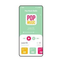 popmuziek fm radio smartphone interface vector sjabloon. mobiele muziekspeler app pagina pastel groene lay-out. audio-afspeellijst, moderne nummers en luisterscherm voor nummers. applicatie platte ui. telefoon display