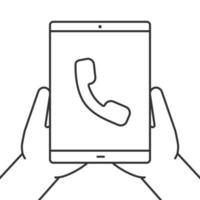 handen met het lineaire pictogram van de tabletcomputer. binnenkomend telefoongesprek. dunne lijn illustratie. tablet-pc met handset. contour symbool. vector geïsoleerde overzichtstekening