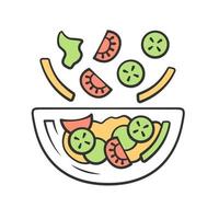 saladekom kleur icoon. vers biologisch voedsel. veganistisch eten, groenten. gezonde voeding. vitamine en voeding. tomaat, paprika, komkommer. keuken servies. geïsoleerde vectorillustratie vector
