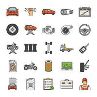 auto werkplaats kleur iconen set vector