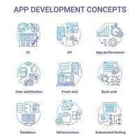 app ontwikkelingsconcept pictogrammen instellen. software programmering idee dunne lijn illustraties. ui, ux-ontwerp. front-end, back-end. app-prestatiebeheer. vector geïsoleerde overzichtstekeningen. bewerkbare streek