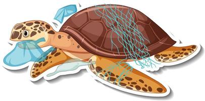 schildpad vast met plastic vuilnis cartoon sticker vector