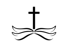 Vectorillustratie van christelijk logo. Embleem met Kruis en Heilige Bijbel. Religieuze gemeenschap. Ontwerpelement voor poster, logo, badge, teken