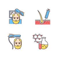 haaruitval rgb kleur iconen set. lasertherapie voor dunner wordend haar bij mannen. medische injectie voor alopecia. mannelijke haaruitval behandeling. scheikunde en geneeskunde. dermatologie. geïsoleerde vectorillustraties vector