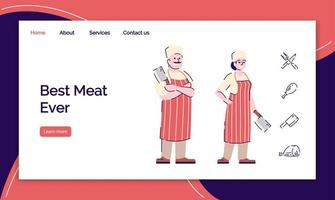 vers vlees winkel bestemmingspagina vector sjabloon. slagerij website-interface idee met platte illustraties. lay-out van de startpagina van de slagerij. vlees restaurant webbanner, webpagina cartoon concept