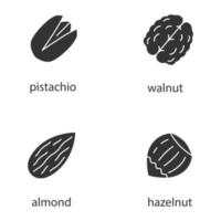 noten typen glyph pictogrammen instellen. pistache, walnoot, amandel, hazelnoot. silhouet symbolen. vector geïsoleerde illustratie