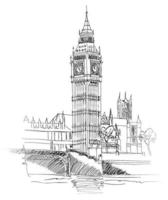 londen stadsoriëntatiepunt. landschap van Londen. Westminster Abbey toren met klok en Big Ben Bell. vector handgetekende schets illustratie reizen background