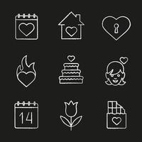 Valentijnsdag krijt pictogrammen instellen. 14 februari kalender, huis, hart met sleutelgat, passie, bruidstaart, verliefd meisje, tupil, chocoladereep. geïsoleerde vector schoolbord illustraties