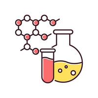 chemie rgb kleur pictogram. wetenschappelijk en medisch onderzoek. biochemie en farmacologie. chemische vloeistof in glazen kolf. eiwit moleculen, cellen verbinding. geïsoleerde vectorillustratie vector
