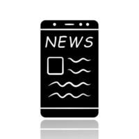 online nieuws slagschaduw zwarte glyph pictogram. elektronische krant mobiele app. daadwerkelijke informatie krijgen. lezen over de laatste gebeurtenissen in sociale media op smartphone. geïsoleerde vectorillustratie vector