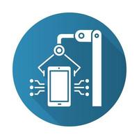 elektronica-industrie blauw plat ontwerp lange schaduw glyph pictogram. productie van smartphones en tablets. ontwikkeling van draagbare gadgets. elektronische apparaten. hardware reparatie. vector silhouet illustratie