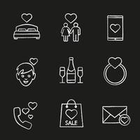 Valentijnsdag krijt pictogrammen instellen. bed, familie, smartphone dating app, jongen, champagne, trouwring met hart, romantisch gesprek, boodschappentas, liefdesbrief. geïsoleerde vector schoolbord illustraties