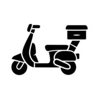 scooter levering glyph icoon. motorfiets met pakketten. motor transport pakketten. motor koerier, koerier. posterijen. silhouet symbool. negatieve ruimte. vector geïsoleerde illustratie