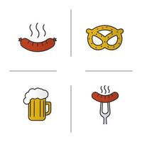 bier snacks kleur pictogrammen instellen. stomende worst op vork, braadworst, brezel, schuimig bierglas. geïsoleerde vectorillustraties vector