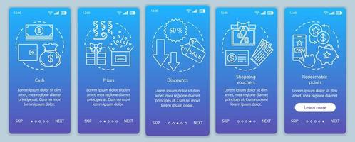 verwijzingsbeloningen aan boord van het paginascherm van de mobiele app met lineaire concepten. walkthrough stappen grafische instructies. geld, prijzen, kortingen. ux, ui, gui vectorsjabloon met illustraties vector