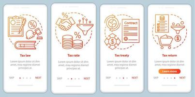 belastingen systeem rode onboarding mobiele app pagina scherm vector sjabloon. belastingrecht, tarief, verdrag, aangifte. walkthrough website stappen met lineaire illustraties. ux, ui, gui smartphone-interfaceconcept