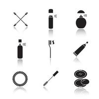 cosmetica accessoires slagschaduw zwarte glyph iconen set. earsticks, deodorantflessen, parfum, tandenborstel, tandpasta, haar scrunchy, mascara, rouge. geïsoleerde vectorillustraties vector