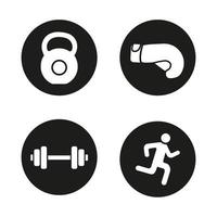 sport en fitness pictogrammen instellen. gym dumbbell en kettlebell, running man en bokshandschoen. actieve levensstijl. vector witte silhouetten illustraties in zwarte cirkels