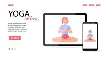 Aziatische yoga meisje beoefenen van yoga. vectorbanner. online onderwijsconcept, eps 10 vector