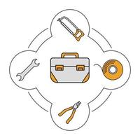 gereedschapskist inhoud kleur iconen set. bouw gereedschap. ijzerzaag, moersleutel, isolatietape, tang. geïsoleerde vectorillustraties vector