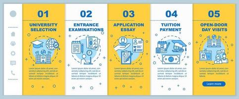 universiteitsingang onboarding mobiele webpagina's vector sjabloon. essay, examen. responsief smartphone-website-interface-idee met lineaire illustraties. webpagina walkthrough stap schermen. kleur concept