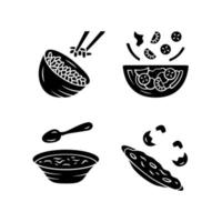 biologisch voedsel glyph pictogrammen instellen. rijst, groenten, eieren. salade, soep, omelet. gezonde voeding. diner, avondmaal restaurant menu. eerste, tweede gang. silhouet symbolen. vector geïsoleerde illustratie