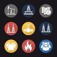 olie-industrie plat ontwerp lange schaduw iconen set. pompkrik, vaten, pijpklep, gas- en brandstofproductieplatforms, oliereservoir, brandbaar bord, industriële arbeiders. vector silhouet illustratie