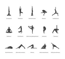 yoga houdingen pictogrammen instellen. yoga asana's silhouet symbolen. sarvangasana, halasana, bakasana, uttanasana, siddhasana, vrikshasana, trikonasana, virabhadrasana. vector geïsoleerde illustratie