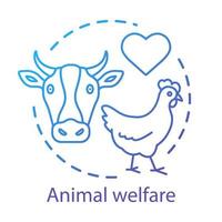 dierenasiel, welzijn concept icoon. vrijwillige natuurbescherming idee dunne lijn illustratie. dierenkliniek, landbouwbedrijf. hartsymbool, kip en koe vector geïsoleerde overzichtstekening