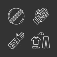 cricket kampioenschap krijt pictogrammen instellen. sportuniform, beschermende kleding, speluitrusting. buitensport activiteit. team spel. sportcompetitie, toernooi. geïsoleerde vector schoolbord illustraties