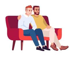 twee mannen op sofa semi platte rgb kleur vectorillustratie. mannelijke vrienden op de bank. jongens die tijd samen doorbrengen. koppel van hetzelfde geslacht. psychologisch consult. geïsoleerde stripfiguur op witte achtergrond vector